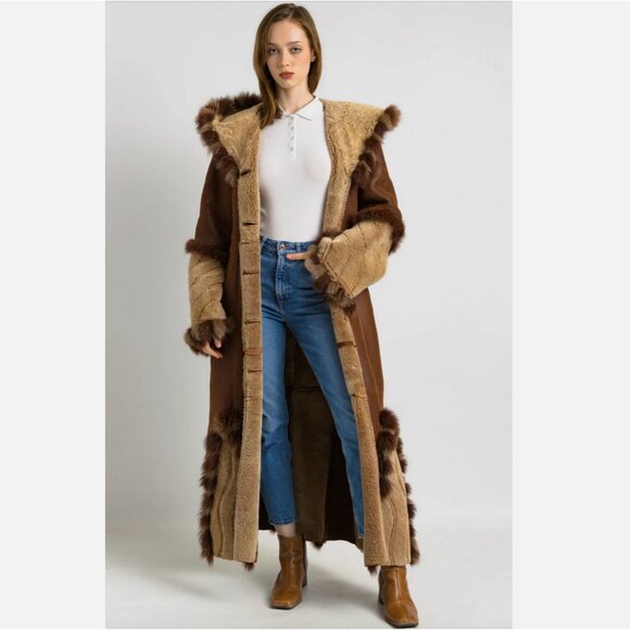 Genuine Suede Sheepskin Shearling Fur Coat Long Hood Vintage Penny Lane Princess - Picture 1 of 9